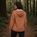 Windbreaker Canyon Bloom für Damen mit terracottafarbenem Blumenmuster, Kapuze und schwarzen Taschen.