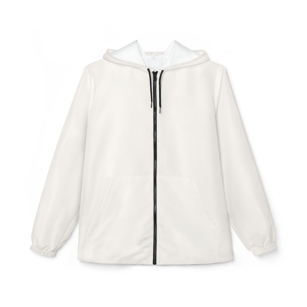 Windbreaker Ivory in warmem Off-White mit Kapuze, schwarzem Reißverschluss und elastischen Bündchen.