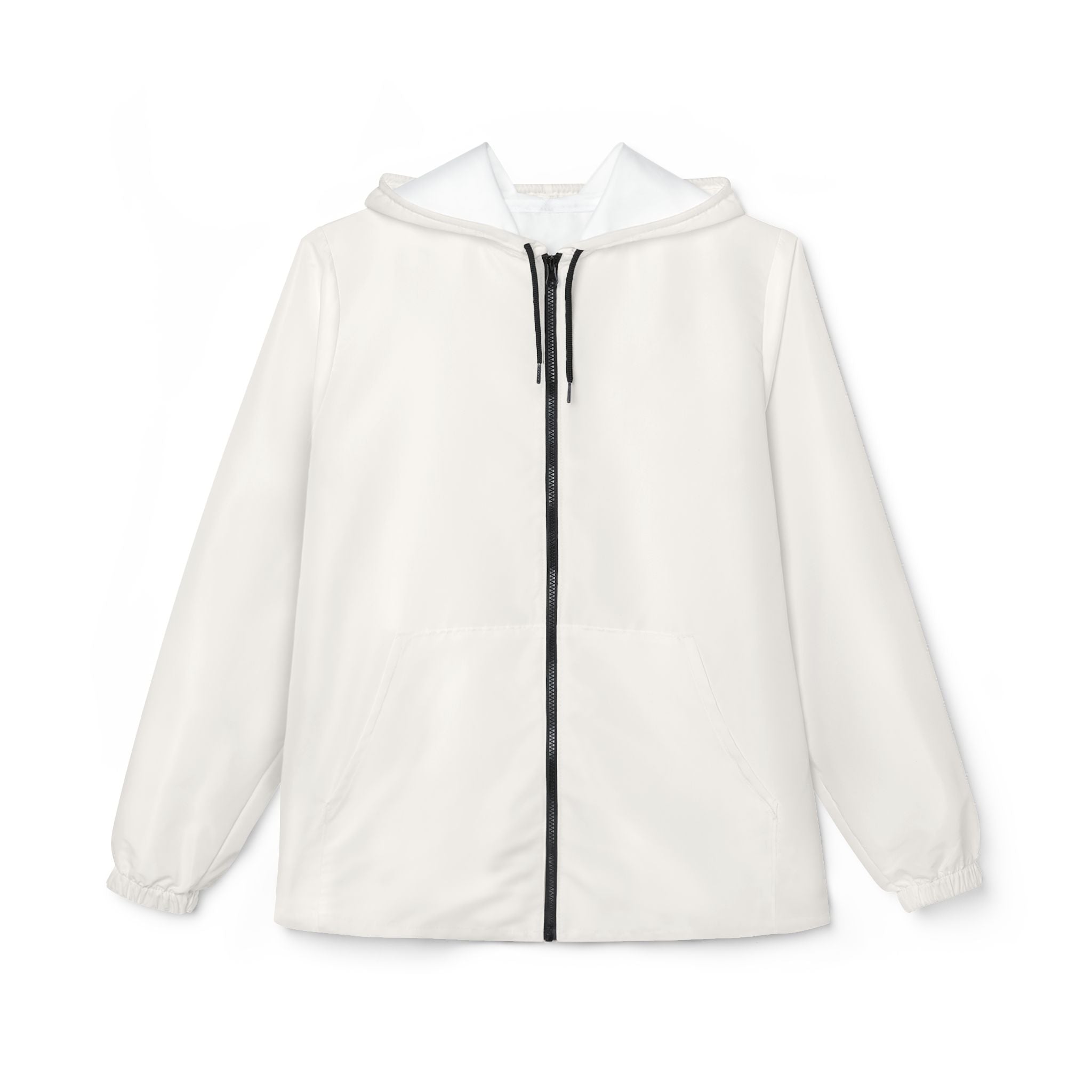 Windbreaker Ivory in warmem Off-White mit Kapuze, schwarzem Reißverschluss und elastischen Bündchen.
