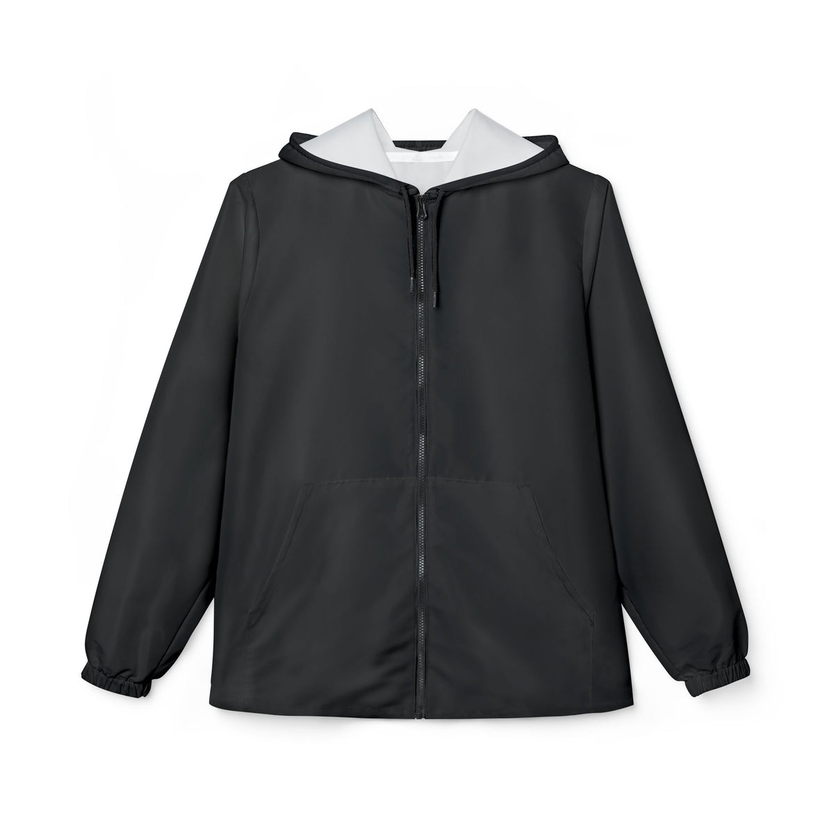 Schwarzer Windbreaker für Damen mit Kapuze, schwarzem Reißverschluss und großen Taschen.