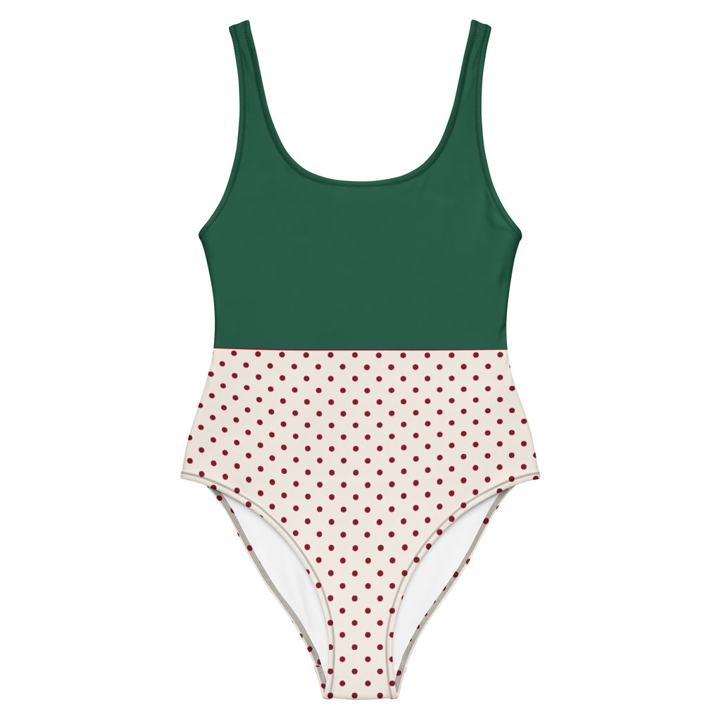 Einteiler Badeanzug "Forest Dots". Oben Waldgrün, unten cremeweiß mit roten Punkten im Color-Block-Schnitt
