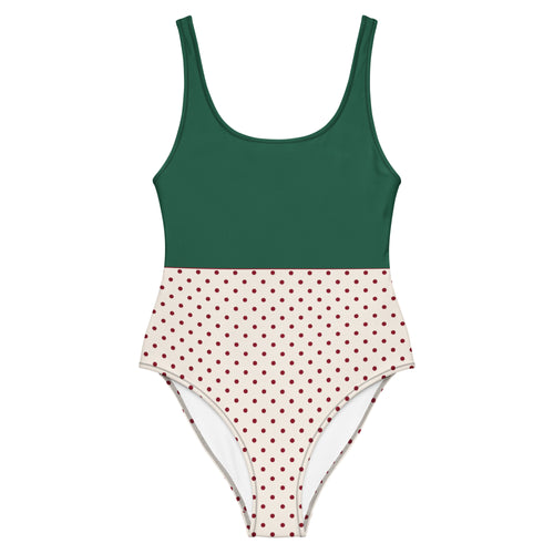 Einteiler Badeanzug "Forest Dots". Oben Waldgrün, unten cremeweiß mit roten Punkten im Color-Block-Schnitt
