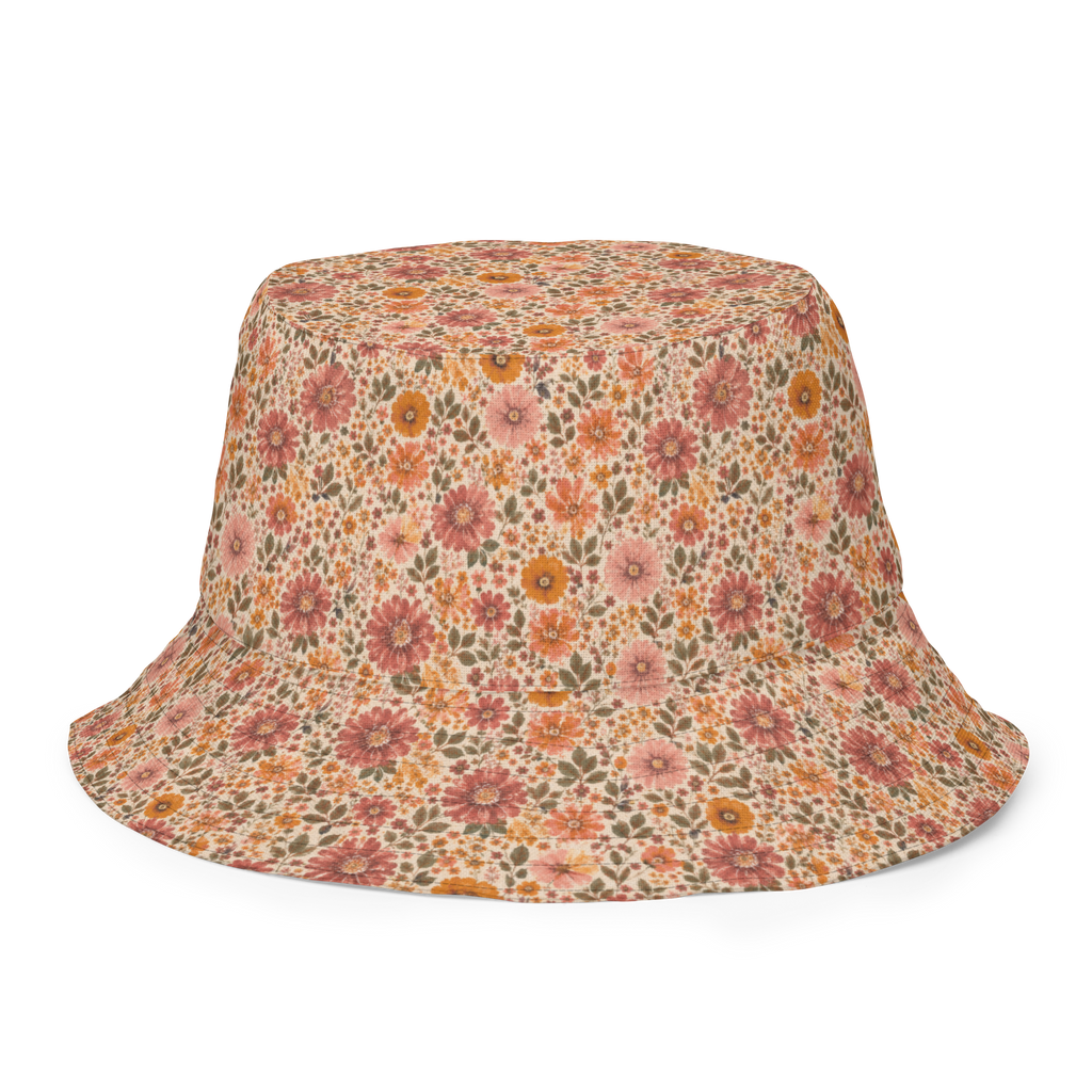 Wendbarer Bucket Hat mit Vintage-Blumenmuster in Rosa, Orange und Salbeigrün, Rückseite einfarbig Rosa