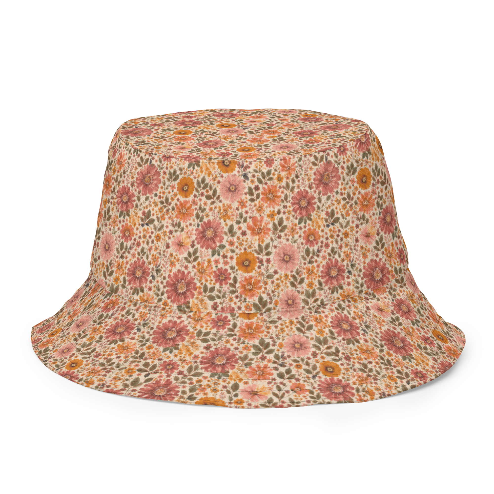 Wendbarer Bucket Hat mit Vintage-Blumenmuster in Rosa, Orange und Salbeigrün, Rückseite einfarbig Rosa