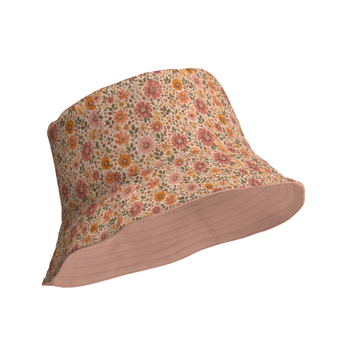 Wendbarer Bucket Hat mit Vintage-Blumenmuster in Rosa, Orange und Salbeigrün, Rückseite einfarbig Rosa