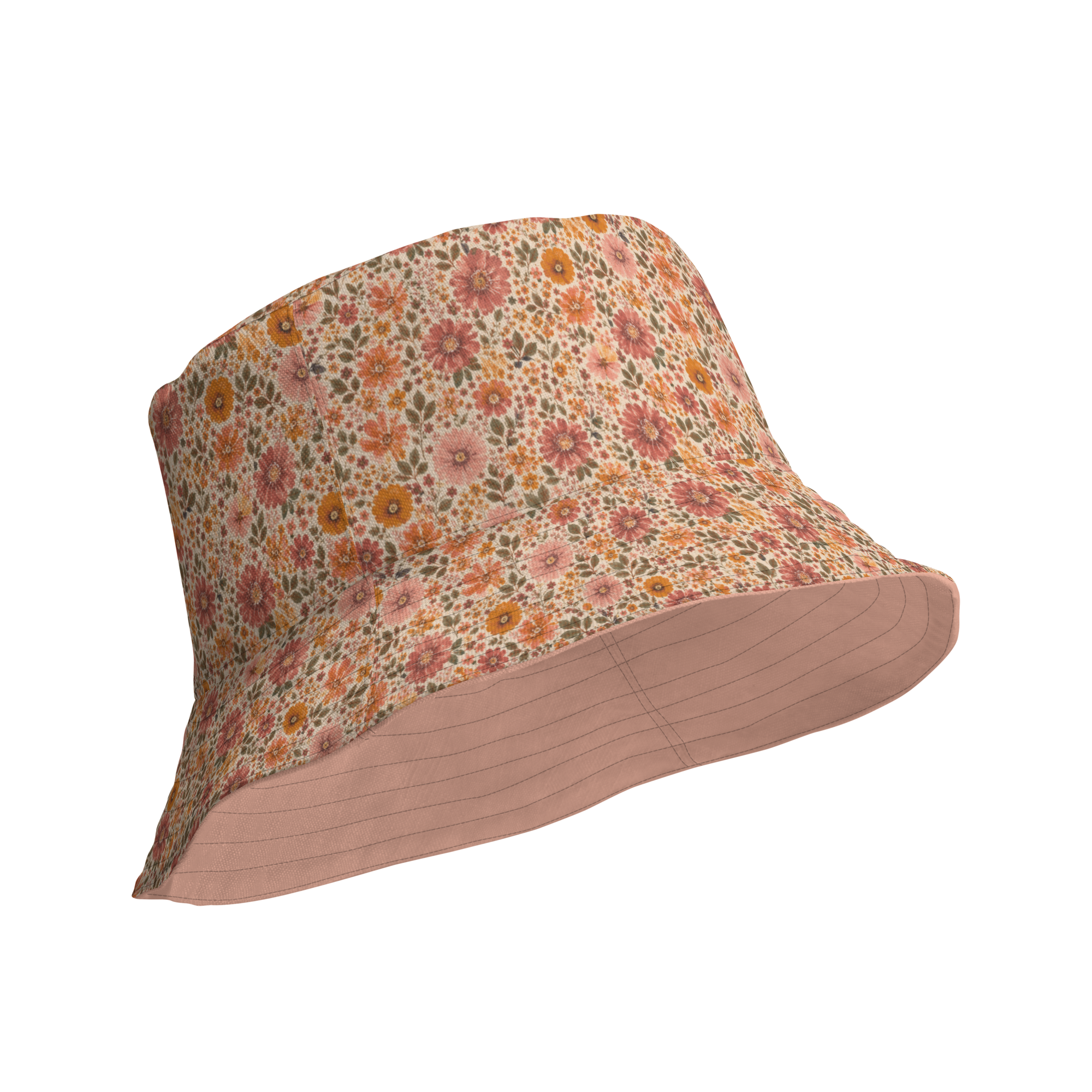 Wendbarer Bucket Hat mit Vintage-Blumenmuster in Rosa, Orange und Salbeigrün, Rückseite einfarbig Rosa