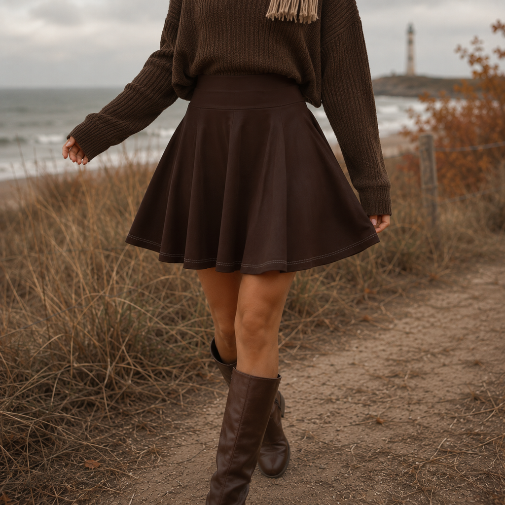 Brauner Casual Rock in Mocha Braun mit hohem Bund und lockerem A-Linien-Schnitt als Herbst-Outfit mit Strickpullover und Stiefeln.