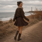 Brauner Casual Rock in Mocha Braun mit hohem Bund und lockerem A-Linien-Schnitt als Herbst-Outfit mit Strickpullover und Stiefeln.