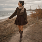 Brauner Casual Rock in Mocha Braun mit hohem Bund und lockerem A-Linien-Schnitt als Herbst-Outfit mit Strickpullover und Stiefeln.