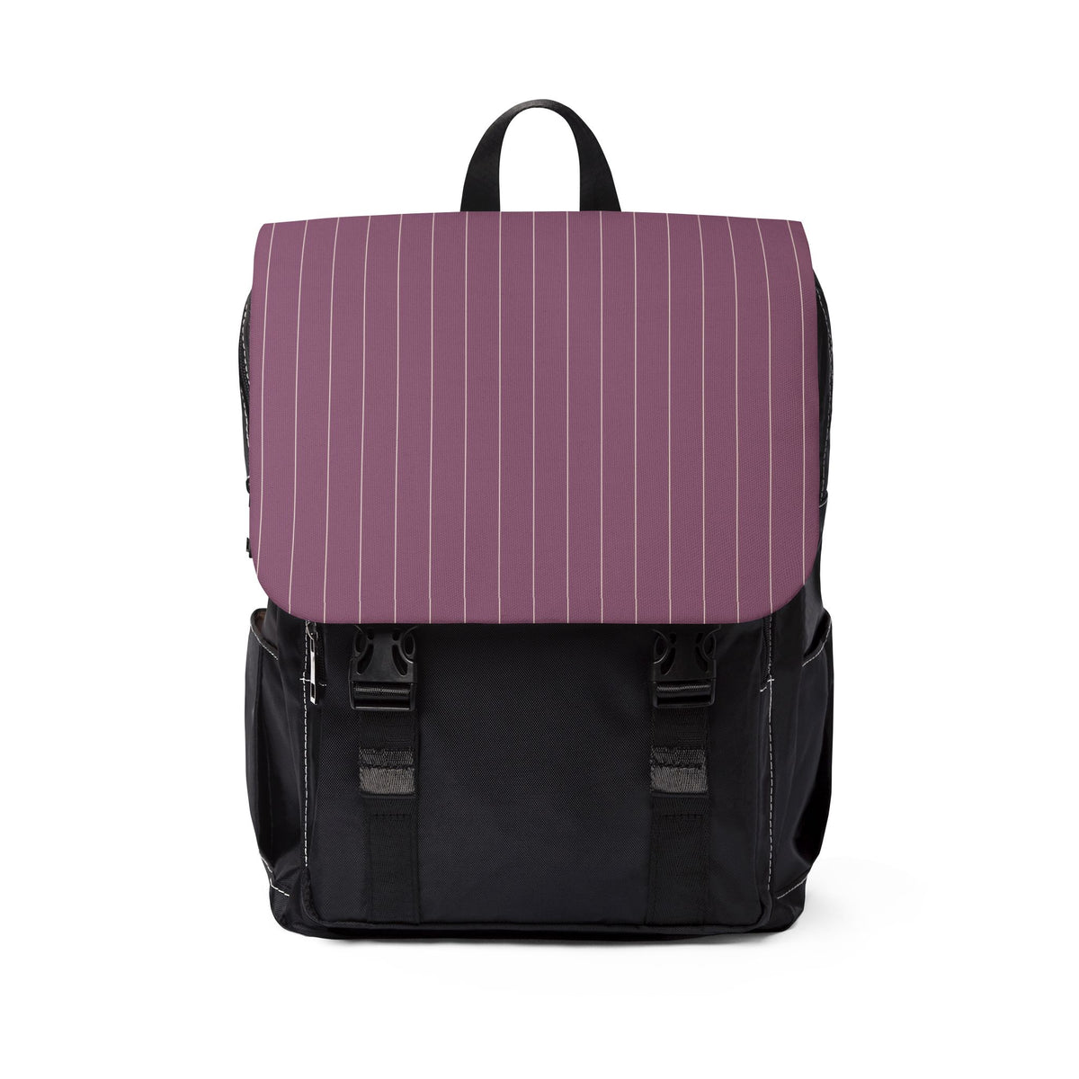 Schwarzer Tagesrucksack Mauve Pinstripes mit mauvefarbenem Klappdeckel und cremefarbenen Streifen.