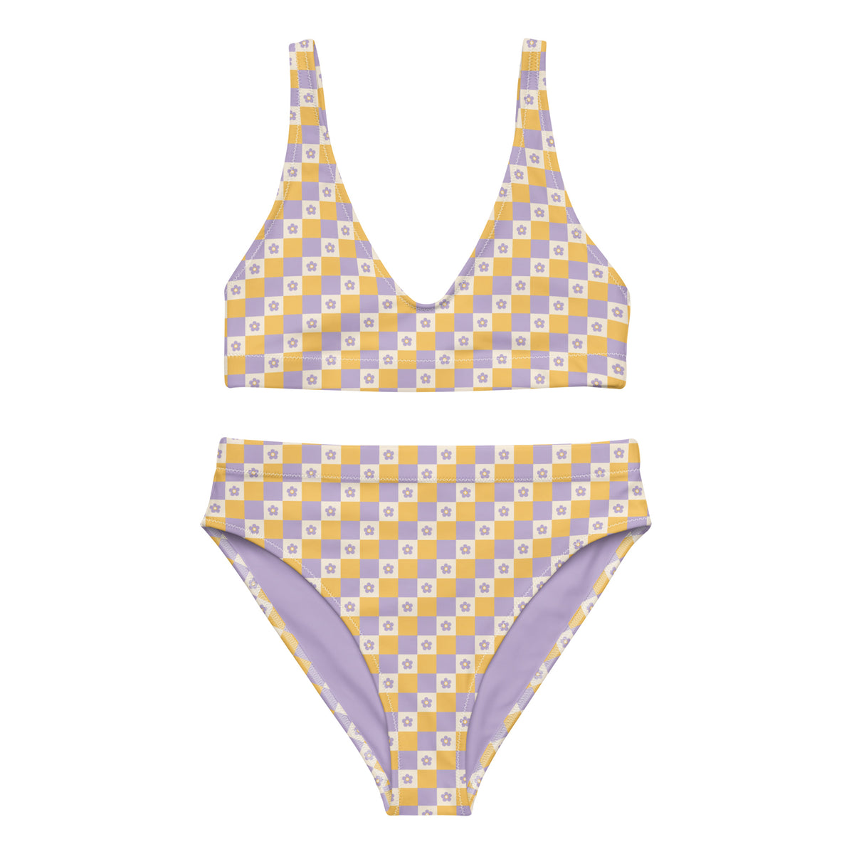 High-Waist Bikini Lavender Picnic mit Schachbrettmuster in Lavendel und Sonnengelb mit Blümchen-Details.