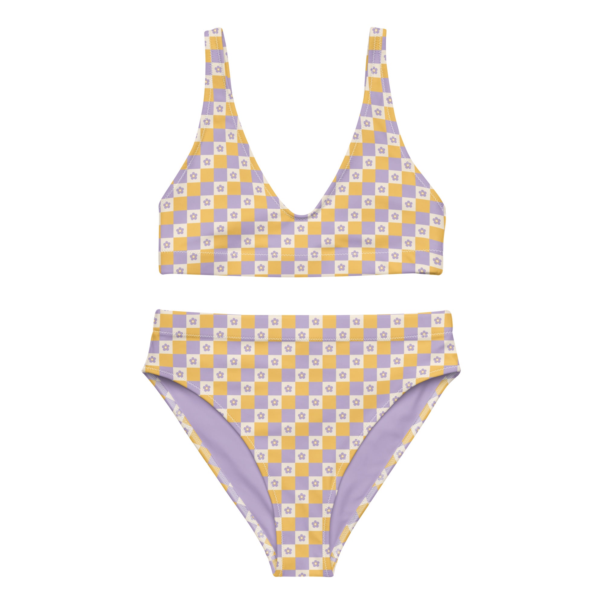 High-Waist Bikini Lavender Picnic mit Schachbrettmuster in Lavendel und Sonnengelb mit Blümchen-Details.