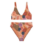High Waist Bikini Artistic Flow für Damen mit abstraktem Print in Terracotta, Peach, Mauve, Olivgrün und Blau.