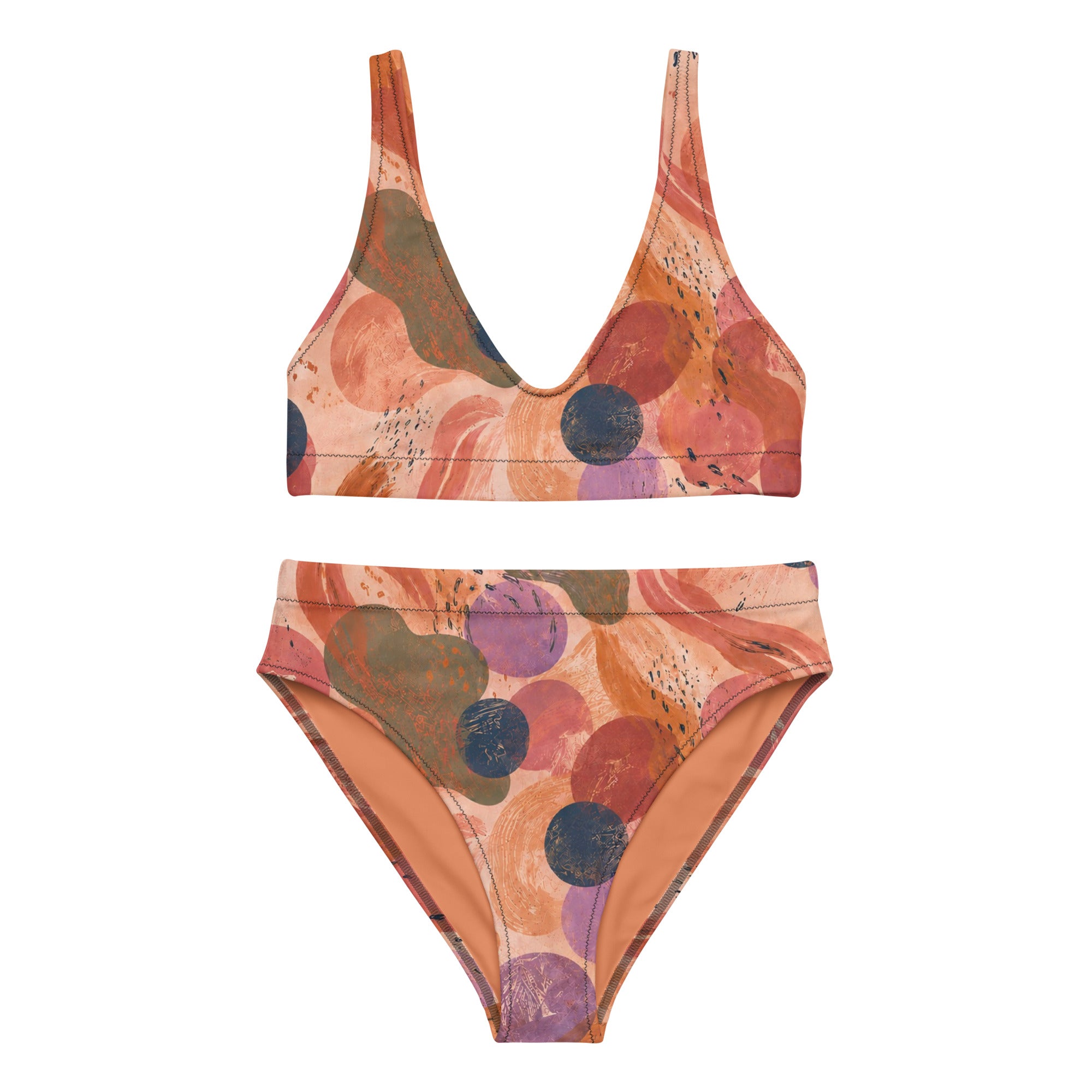 High Waist Bikini Artistic Flow für Damen mit abstraktem Print in Terracotta, Peach, Mauve, Olivgrün und Blau.