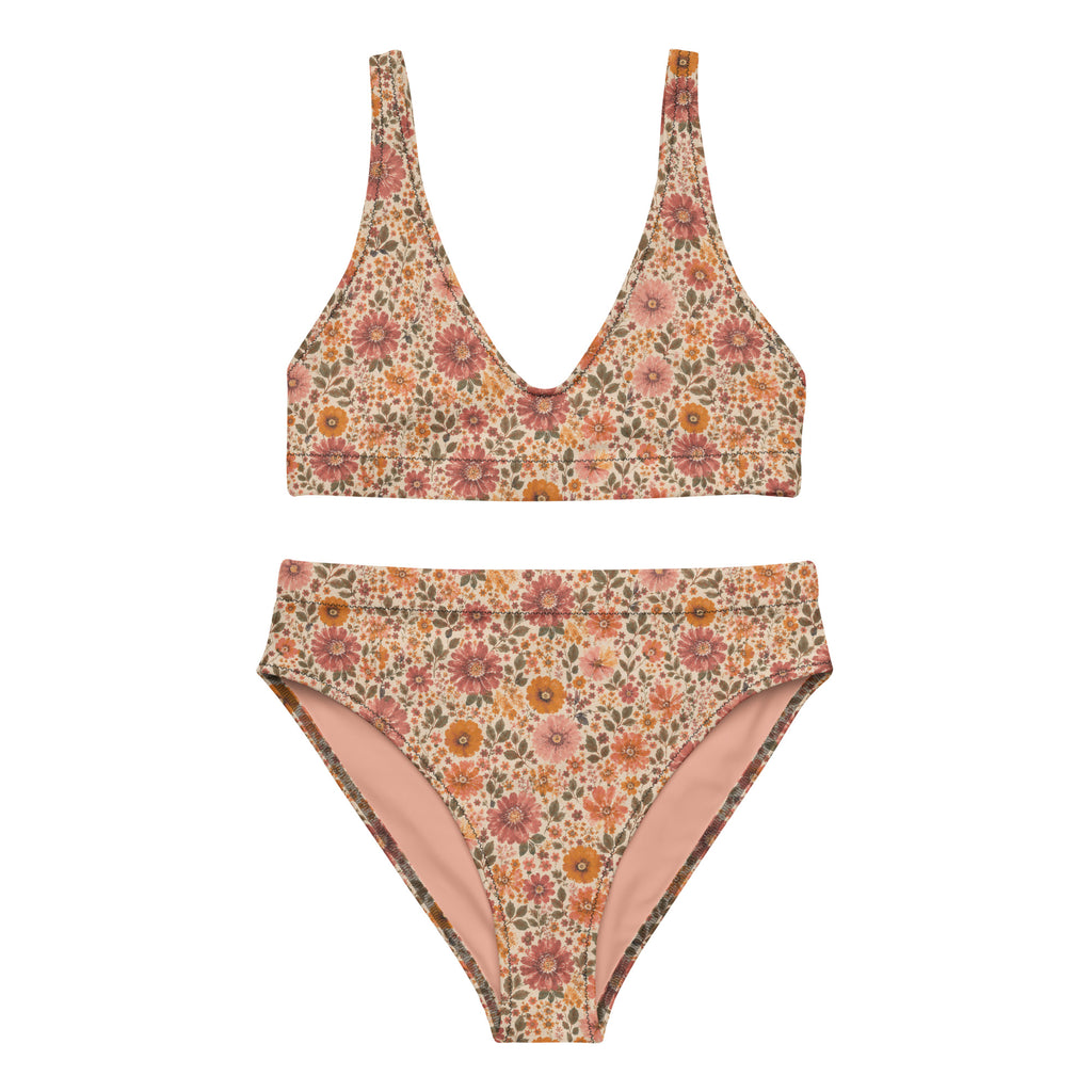 High Waist Bikini Floral Sunset mit Vintage-Blumenmuster in Rosé-, Terrakotta- und Goldtönen im romantischen Boho-Stil