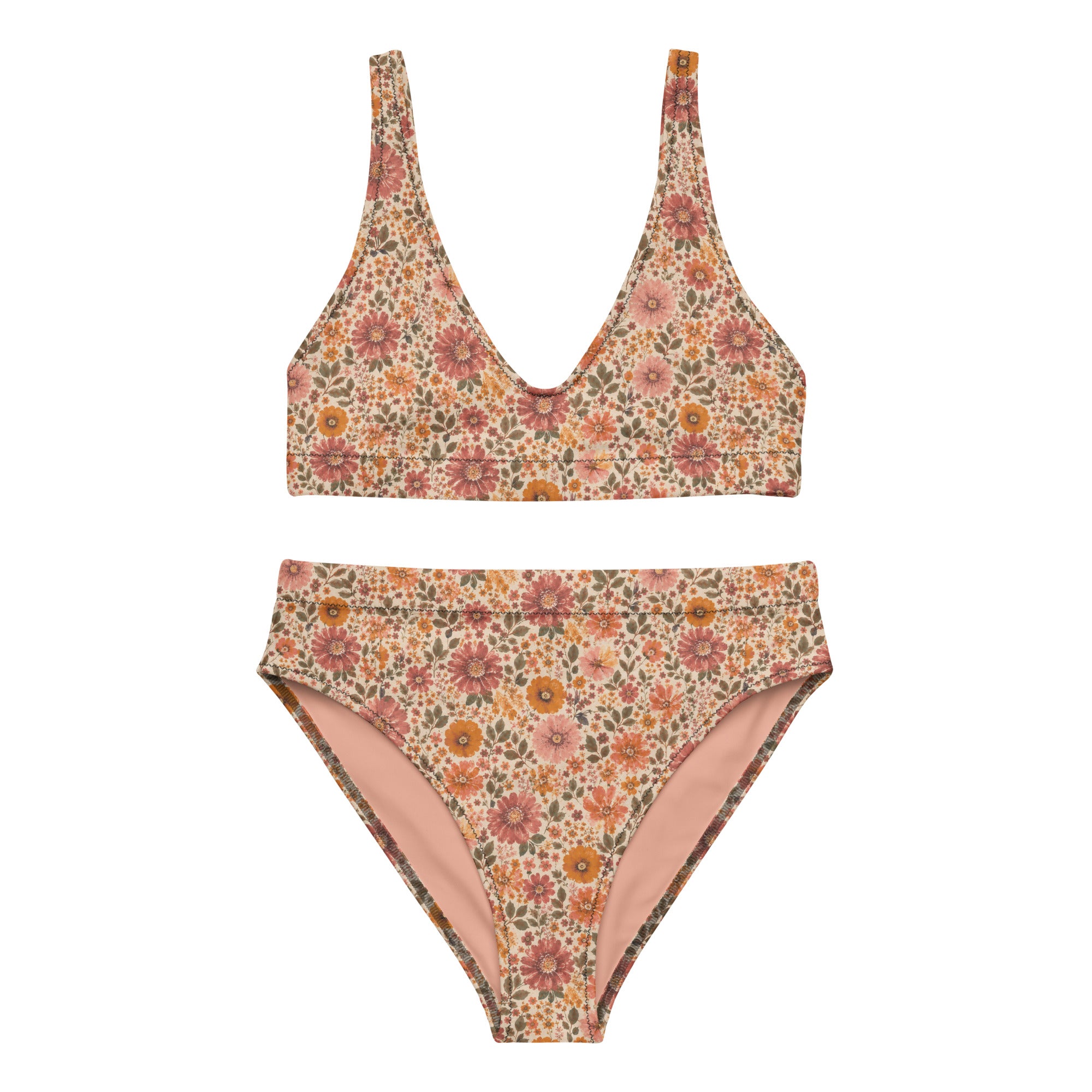 High Waist Bikini Floral Sunset mit Vintage-Blumenmuster in Rosé-, Terrakotta- und Goldtönen im romantischen Boho-Stil