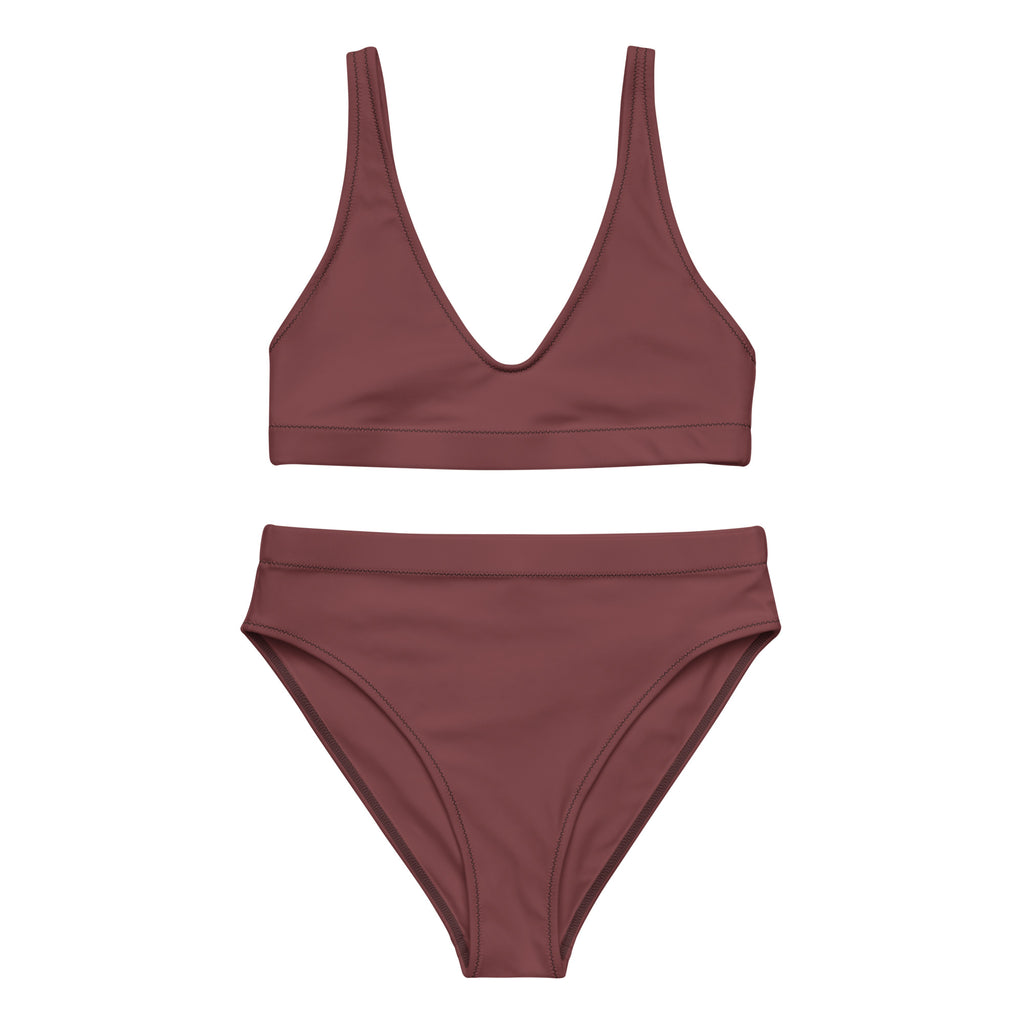High-Waist Bikini Deep Berry in tiefem Beerenton mit V-Ausschnitt Oberteil und breiten Trägern.
