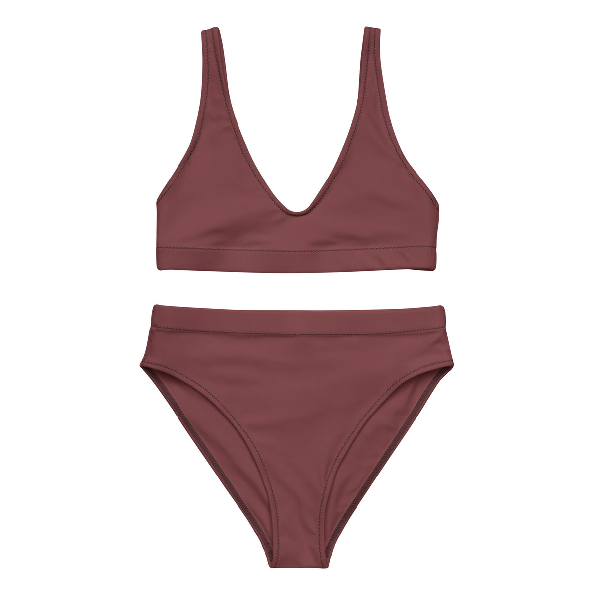 High-Waist Bikini Deep Berry in tiefem Beerenton mit V-Ausschnitt Oberteil und breiten Trägern.