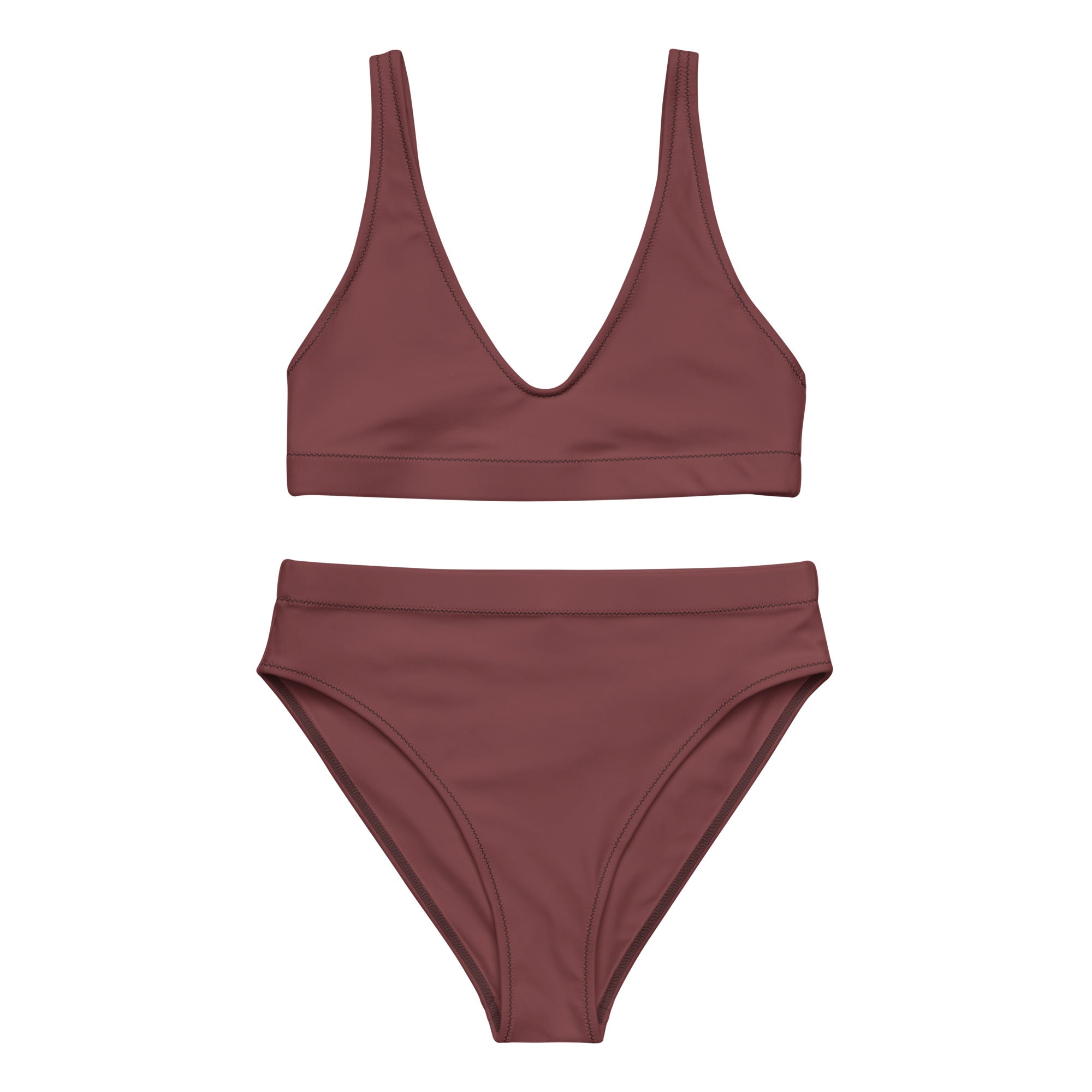 High-Waist Bikini Deep Berry in tiefem Beerenton mit V-Ausschnitt Oberteil und breiten Trägern.
