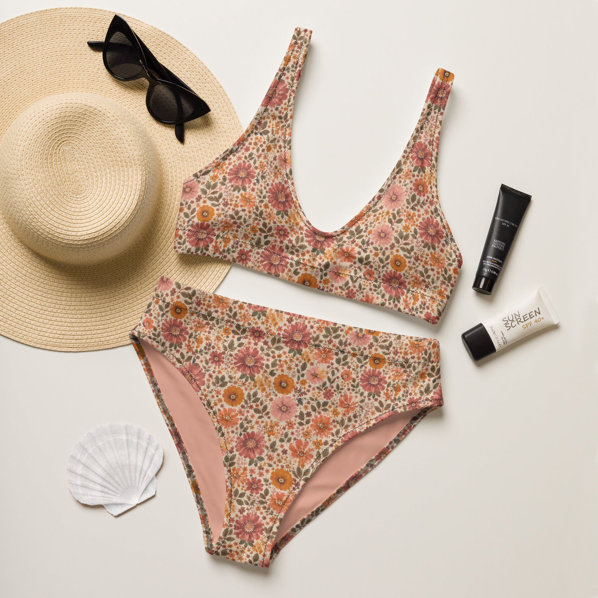 High Waist Bikini Floral Sunset mit Vintage-Blumenmuster in Rosé-, Terrakotta- und Goldtönen im romantischen Boho-Stil