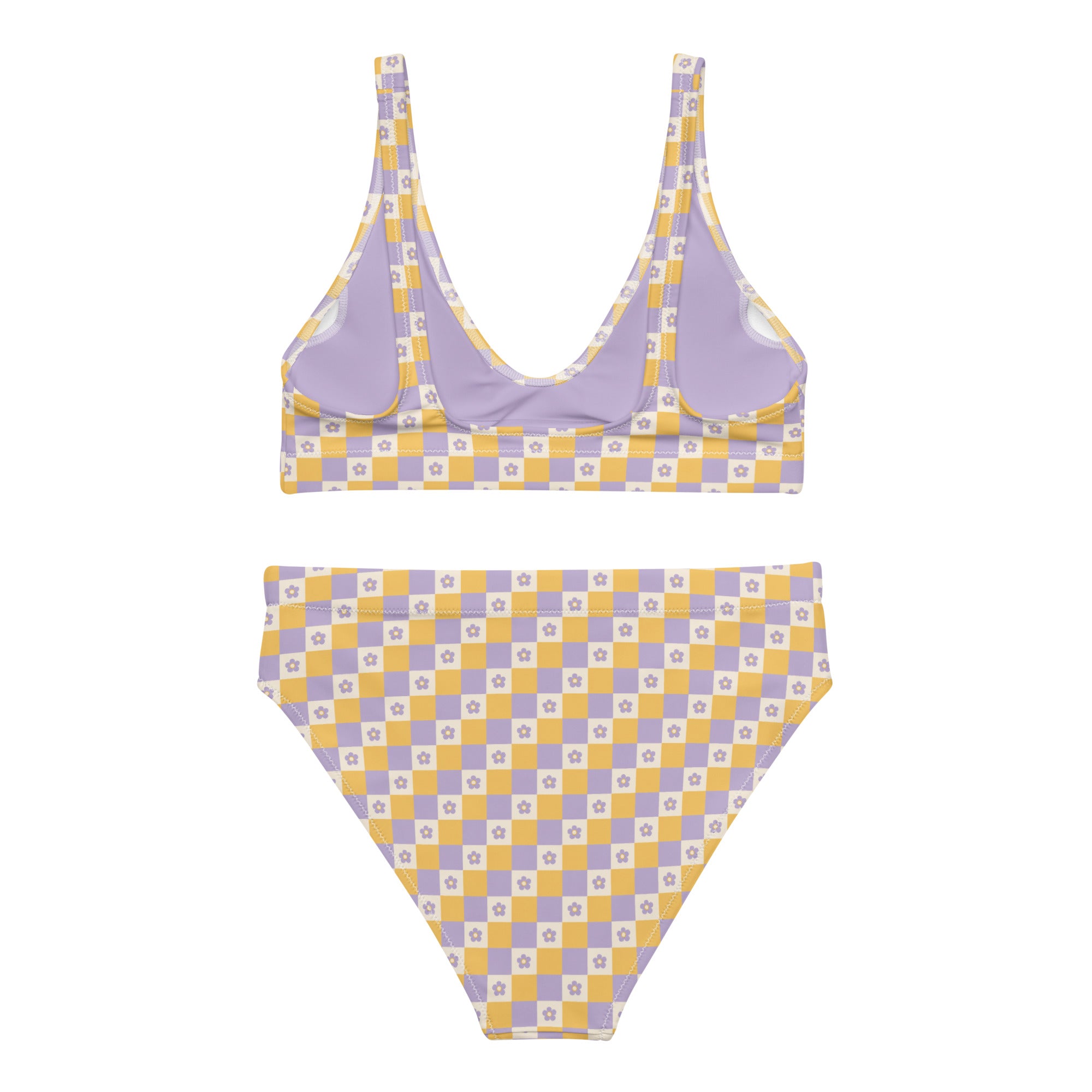High-Waist Bikini Lavender Picnic mit Schachbrettmuster in Lavendel und Sonnengelb mit Blümchen-Details.