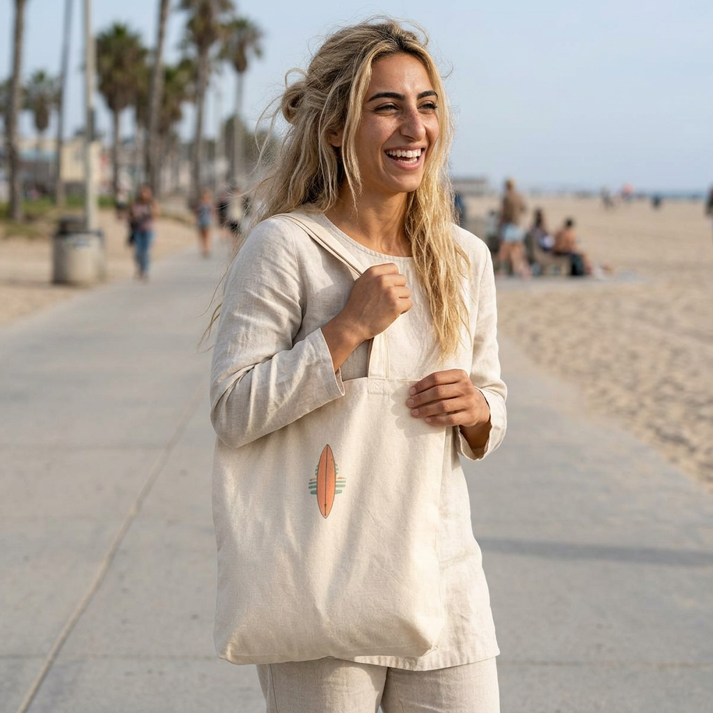 Baumwoll-Tote-Bag mit Surfboard-Motiv auf der Vorderseite und dem Schriftzug „Life Happens. Surf Helps.“ auf der Rückseite