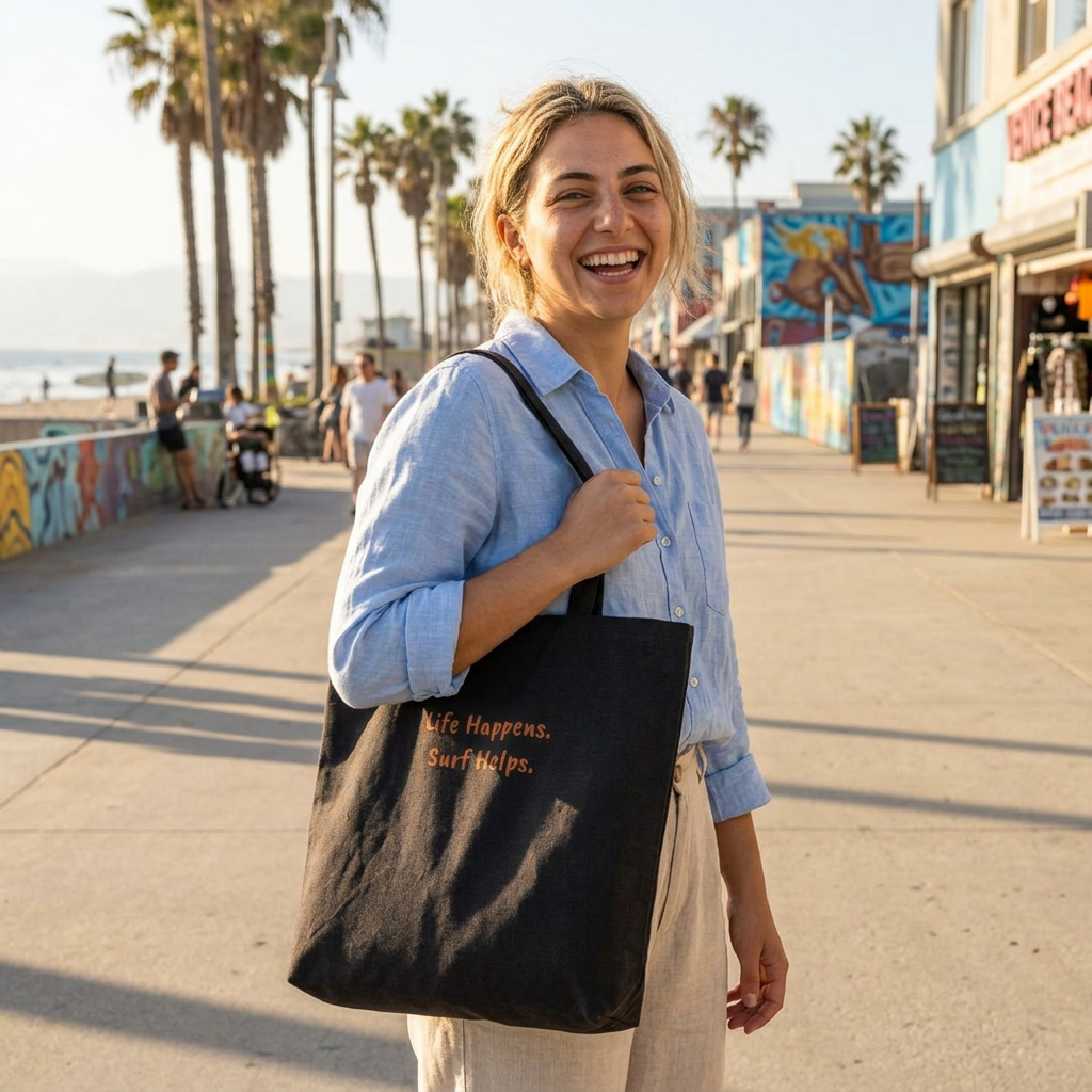 Baumwoll-Tote-Bag mit Surfboard-Motiv auf der Vorderseite und dem Schriftzug „Life Happens. Surf Helps.“ auf der Rückseite