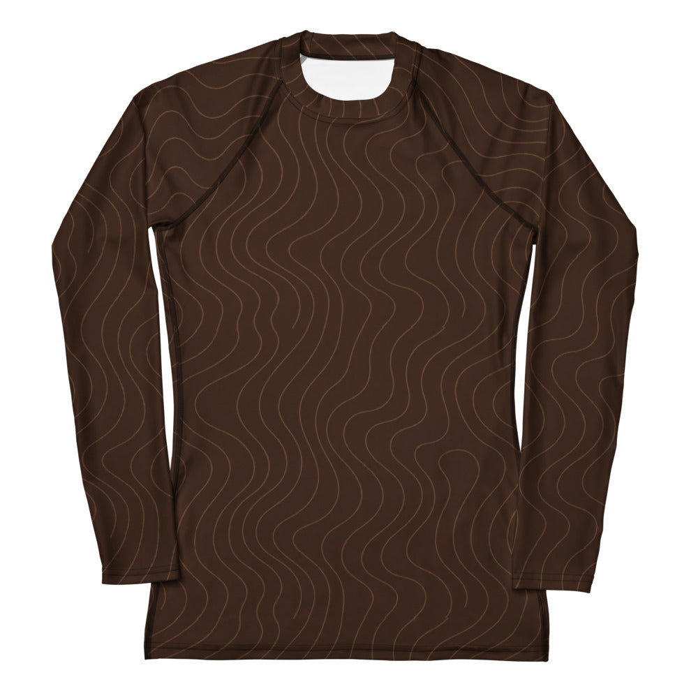 Brauner Rashguard Mocha Waves für Damen mit feinem Wellenmuster am Meer