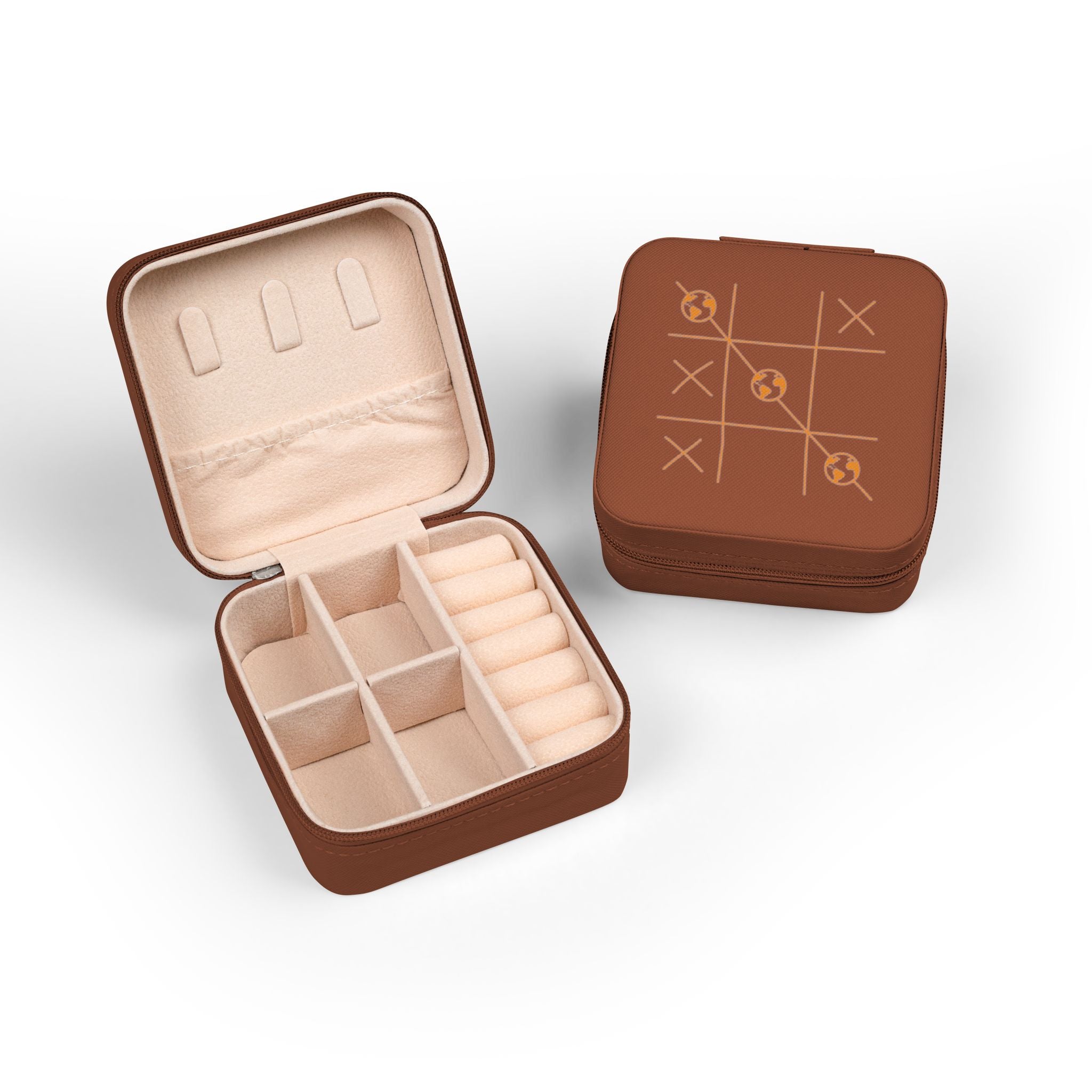 Kleines Reiseschmuckkästchen mit orangefarbenem Tic-Tac-Toe Weltkugel-Muster