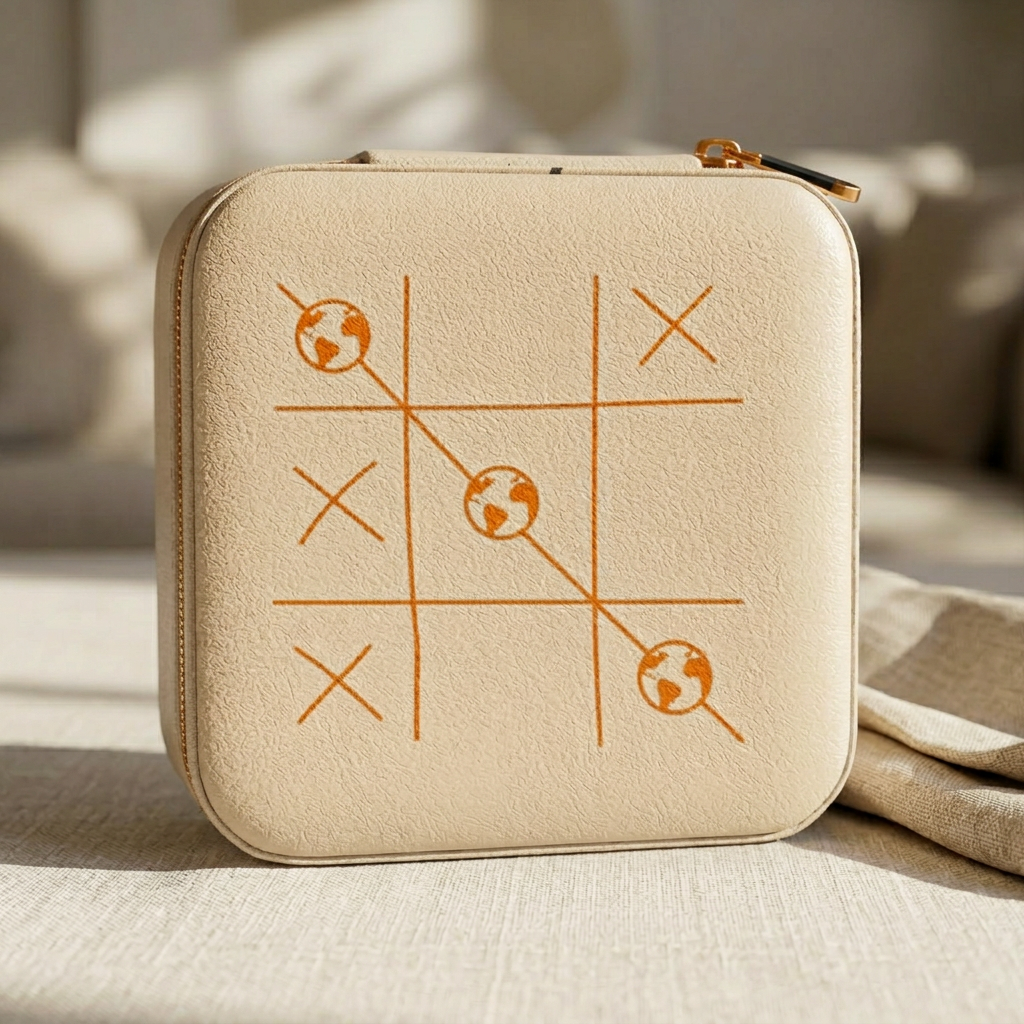 Kleines Reiseschmuckkästchen mit orangefarbenem Tic-Tac-Toe Weltkugel-Muster