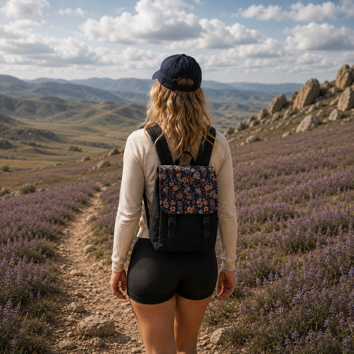 Tagesrucksack Midnight Blue aus Oxford Canvas – schwarzer Körper mit dunkelblauer Blumenmuster-Klappe auf Wanderweg