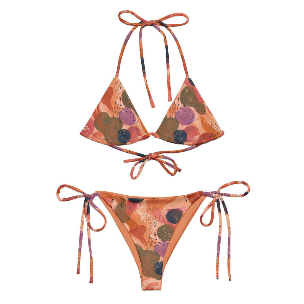 Triangel Bikini Artistic Flow mit abstraktem Print in Terracotta, Peach, Mauve, Olivgrün und Blau