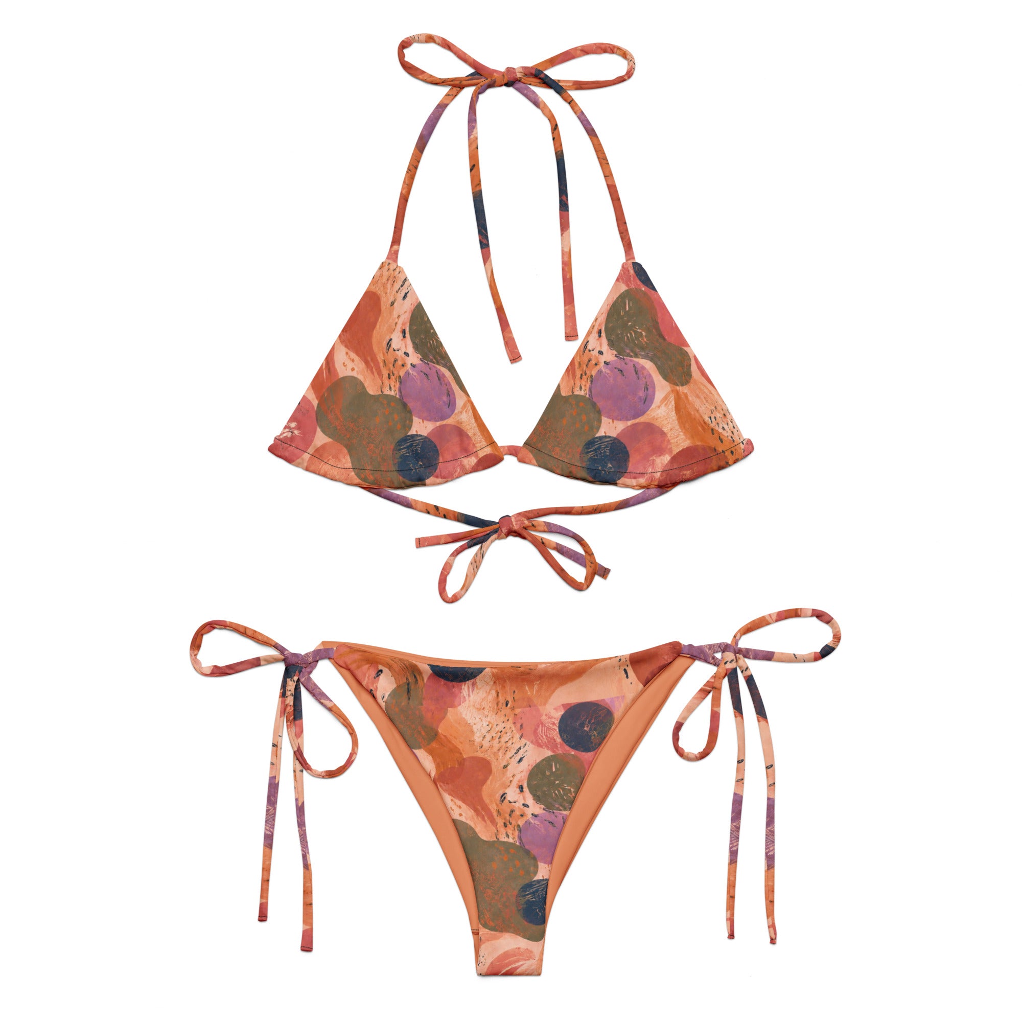 Triangel Bikini Artistic Flow mit abstraktem Print in Terracotta, Peach, Mauve, Olivgrün und Blau