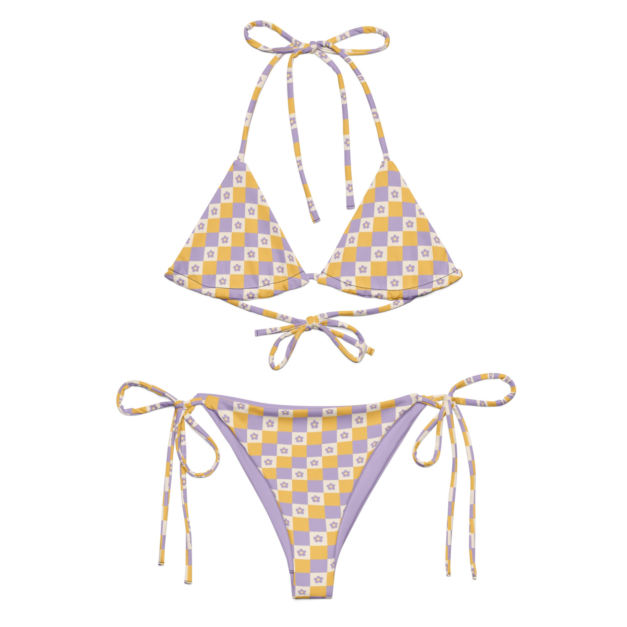 Triangel Bindebikini Lavender Picnic mit Schachbrettmuster in Lavendel und Sonnengelb mit Blümchen