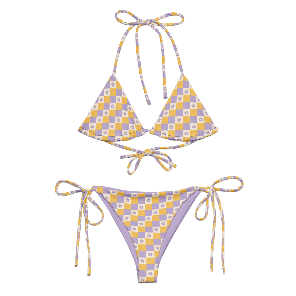 Triangel Bindebikini Lavender Picnic mit Schachbrettmuster in Lavendel und Sonnengelb mit Blümchen
