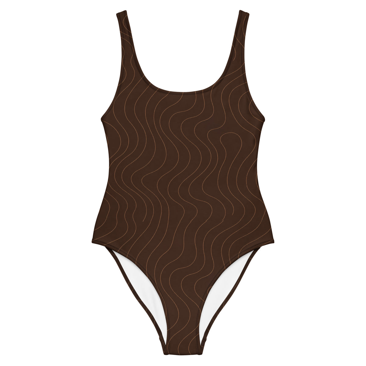 Brauner Badeanzug Mocha Waves für Damen mit feinem Wellenmuster und hohem Beinausschnitt.