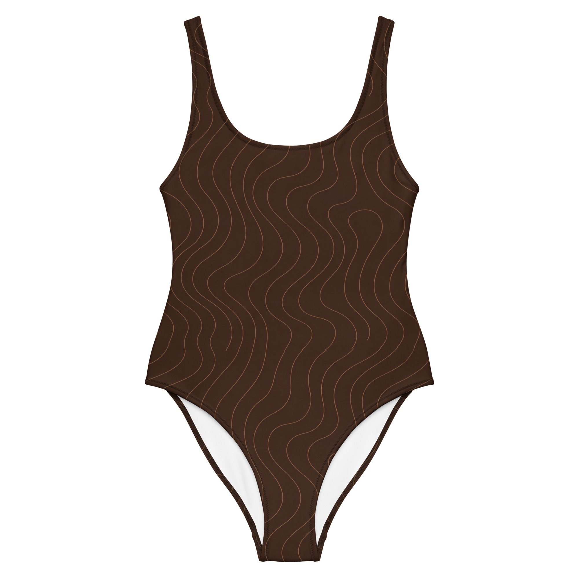 Brauner Badeanzug Mocha Waves für Damen mit feinem Wellenmuster und hohem Beinausschnitt.