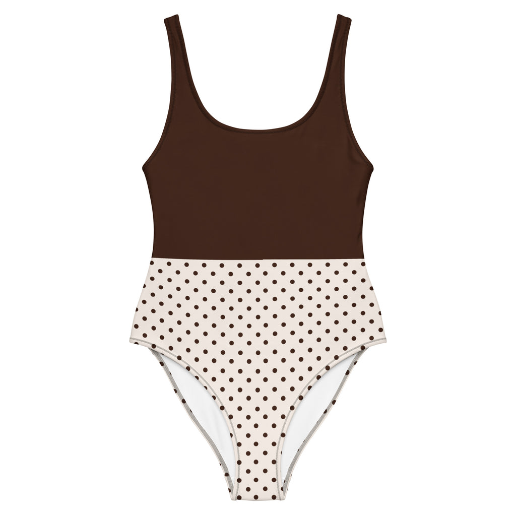 Badeanzug "Mocha Dots" mit dunkelbraunem Oberteil und cremefarbenem, gepunktetem Unterteil, hoher Beinausschnitt, Vorderansicht