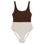 Badeanzug "Mocha Dots" mit dunkelbraunem Oberteil und cremefarbenem, gepunktetem Unterteil, hoher Beinausschnitt, Vorderansicht