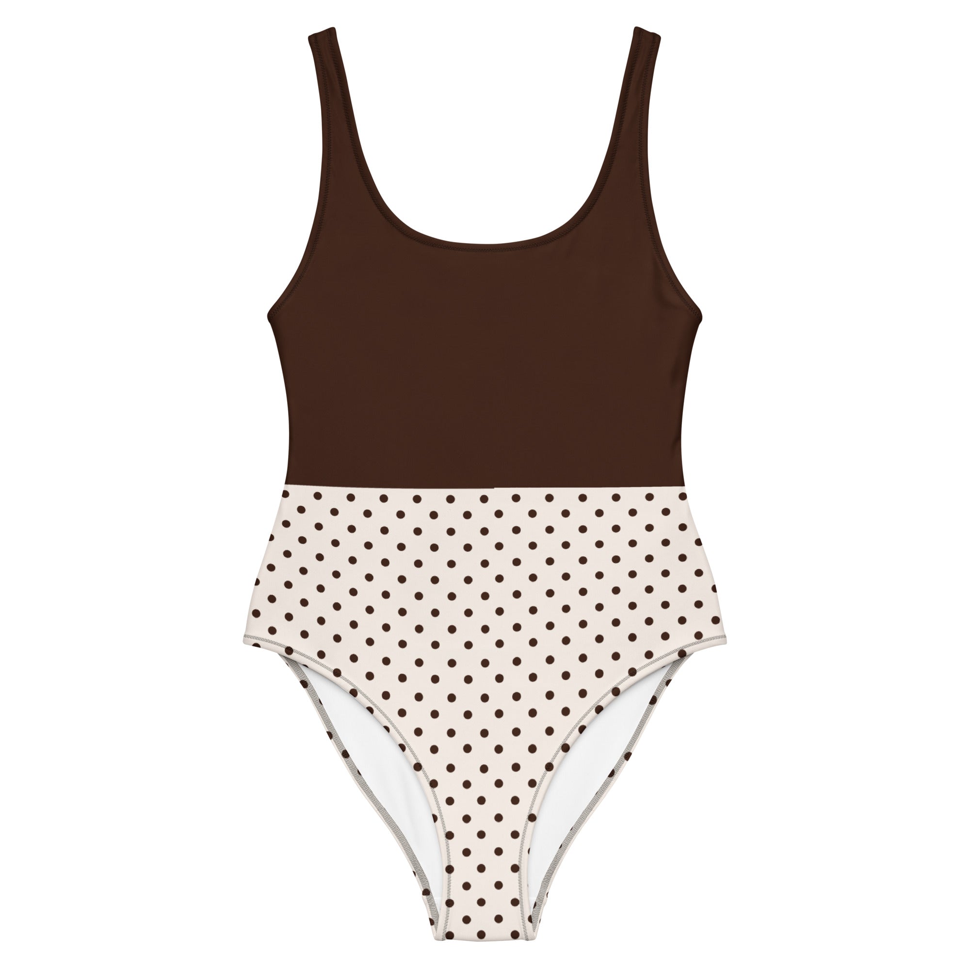 Badeanzug "Mocha Dots" mit dunkelbraunem Oberteil und cremefarbenem, gepunktetem Unterteil, hoher Beinausschnitt, Vorderansicht