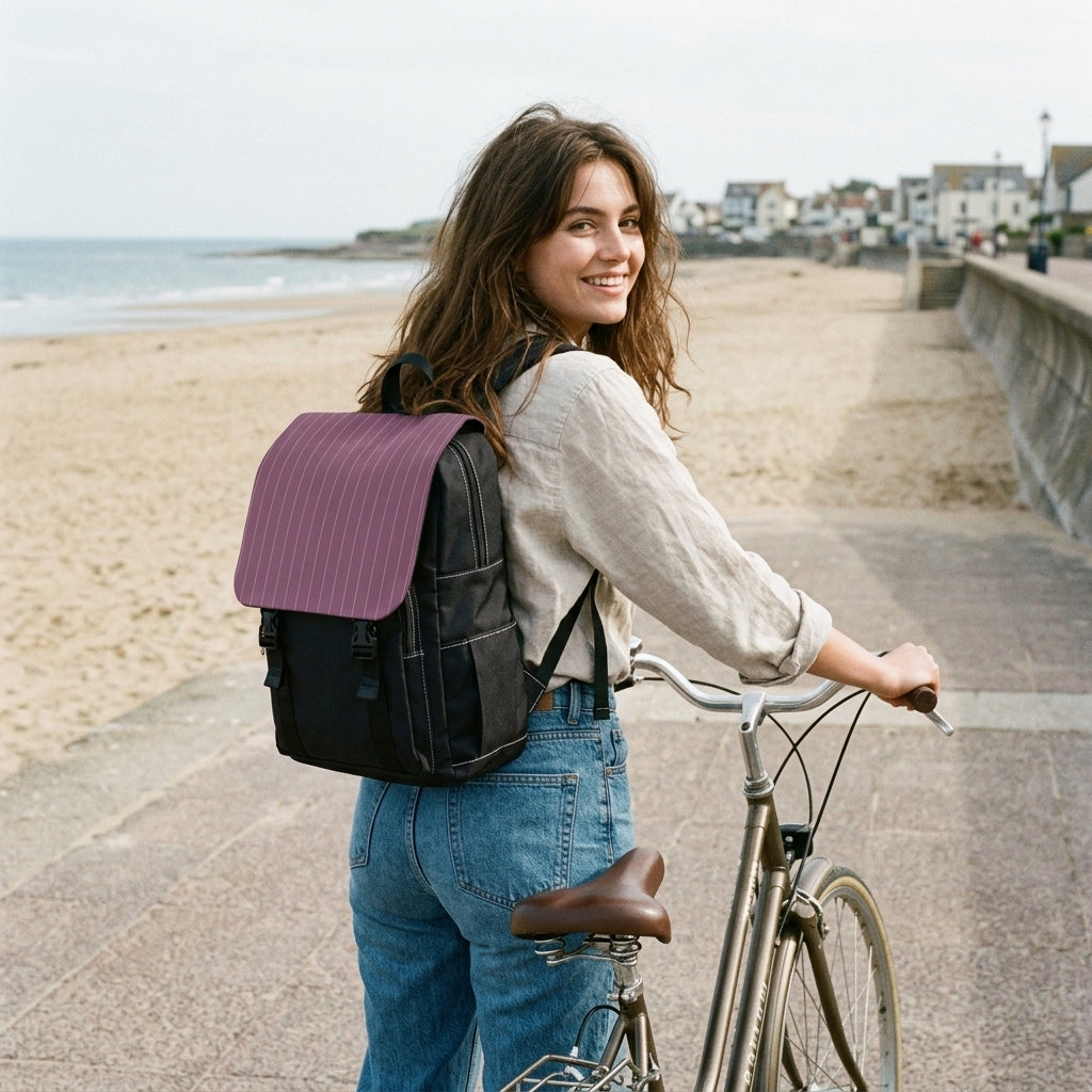 Schwarzer Tagesrucksack Mauve Pinstripes mit mauvefarbenem Klappdeckel und cremefarbenen Streifen.