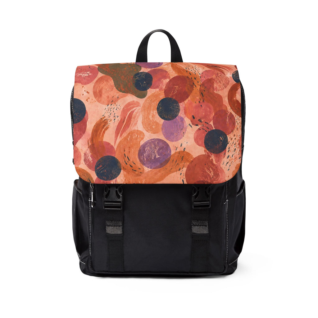 Tagesrucksack Artistic Flow mit buntem abstraktem Print und schwarzem Rucksackkörper.
