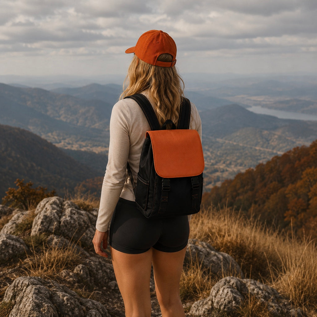 Tagesrucksack Sun Clay aus Oxford Canvas – schwarzer Körper mit Terrakotta-Klappe