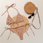 Triangel Bikini Floral Sunset mit floralem Vintage-Blumenmuster in Rosé-, Terrakotta- und Goldtönen im romantischen Boho-Stil