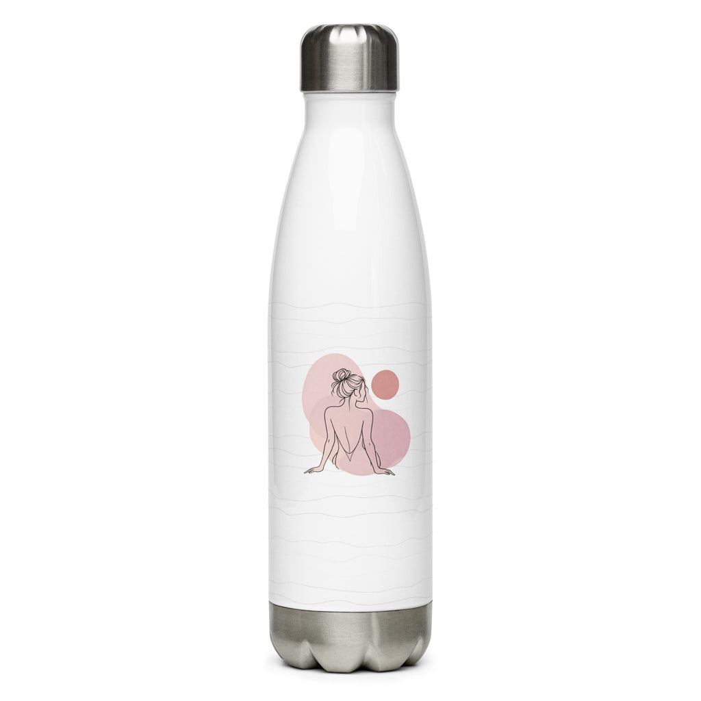 Weiße Edelstahl-Trinkflasche Bare Soul mit silberfarbenem Verschluss, filigraner Frauenillustration und roséfarbenen Designelementen