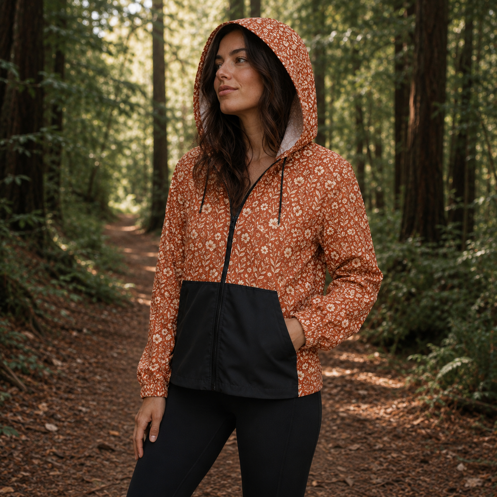 Windbreaker Canyon Bloom für Damen mit terracottafarbenem Blumenmuster, Kapuze und schwarzen Taschen.