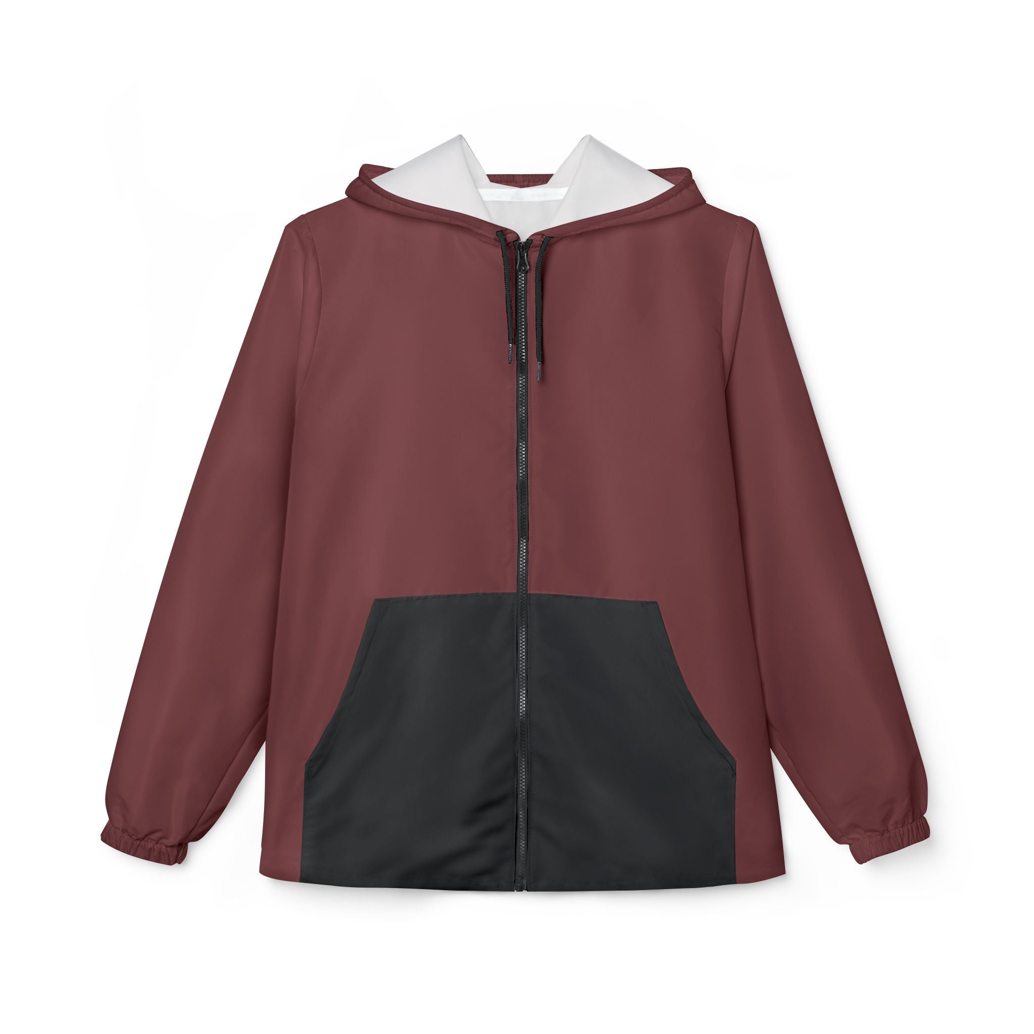 Windbreaker Deep Berry mit schwarzem Körper, Kapuze, Reißverschluss und großen schwarzen Taschen.