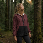 Windbreaker Deep Berry mit schwarzem Körper, Kapuze, Reißverschluss und großen schwarzen Taschen.