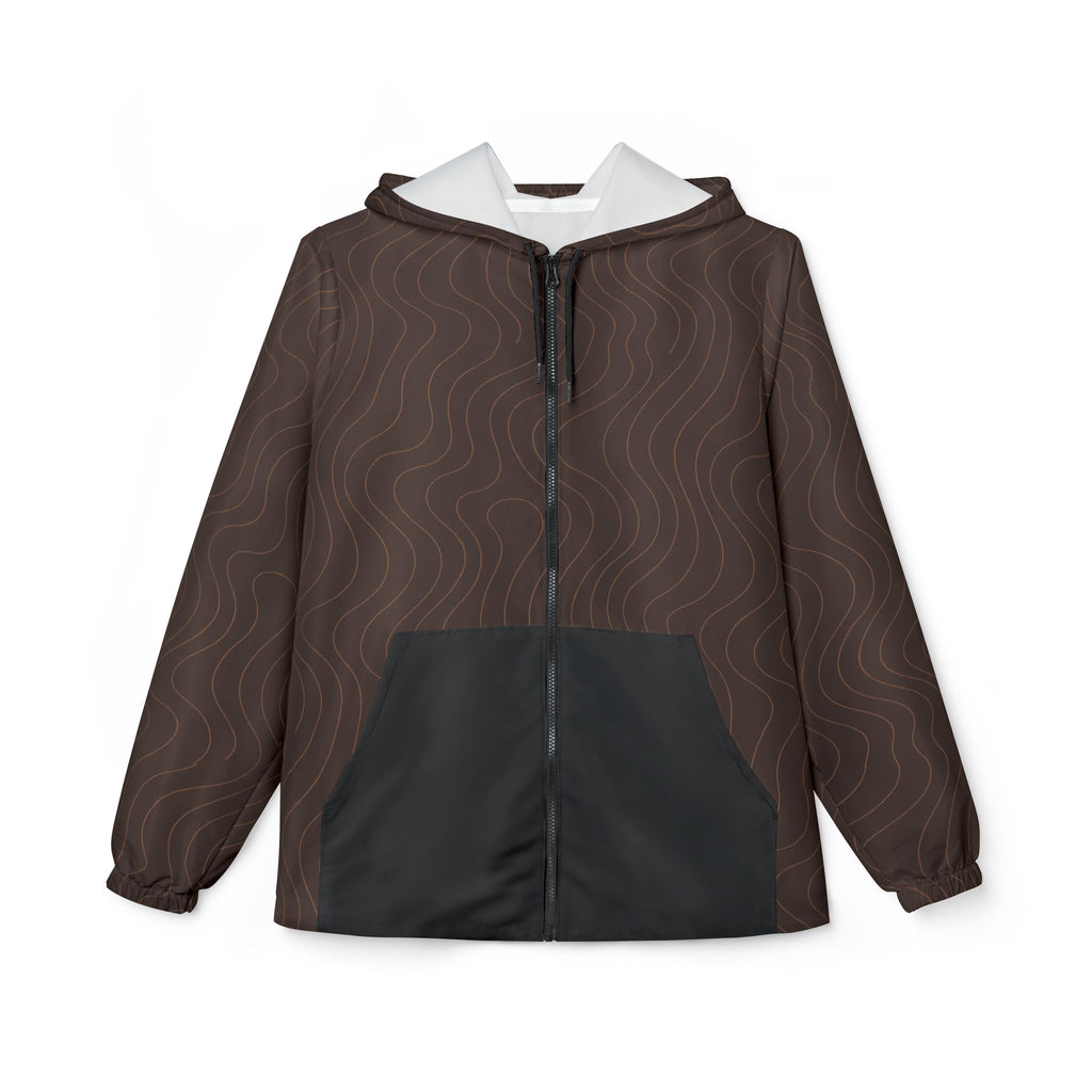 Brauner Windbreaker Mocha Waves für Damen mit Wellenmuster, Kapuze und schwarzer Fronttaschen.