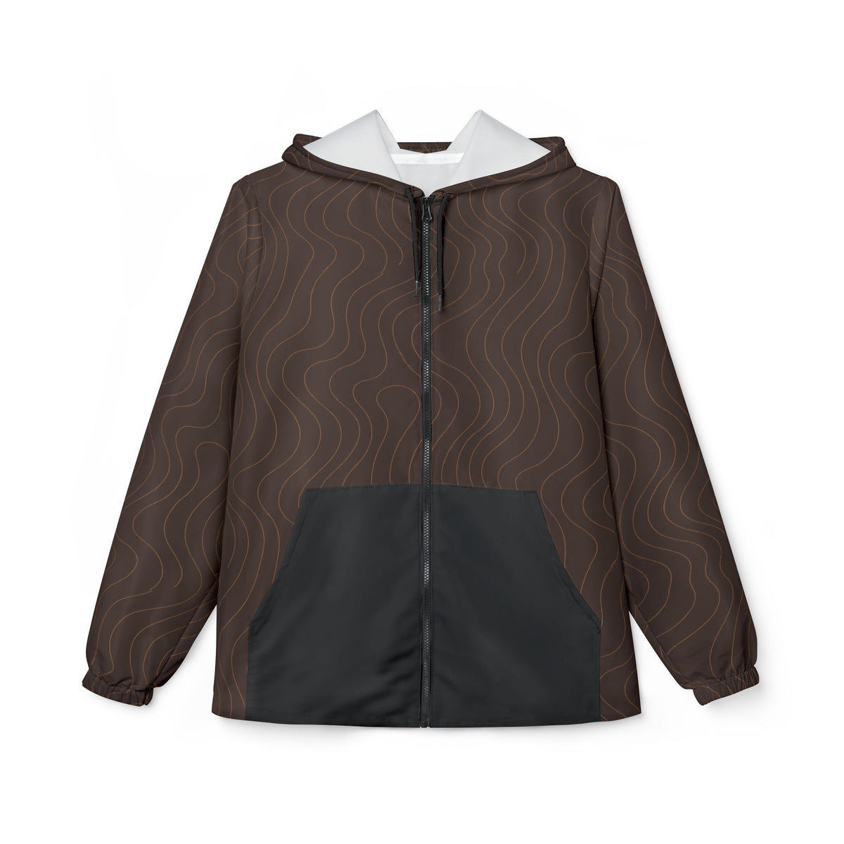 Brauner Windbreaker Mocha Waves für Damen mit Wellenmuster, Kapuze und schwarzer Fronttaschen.
